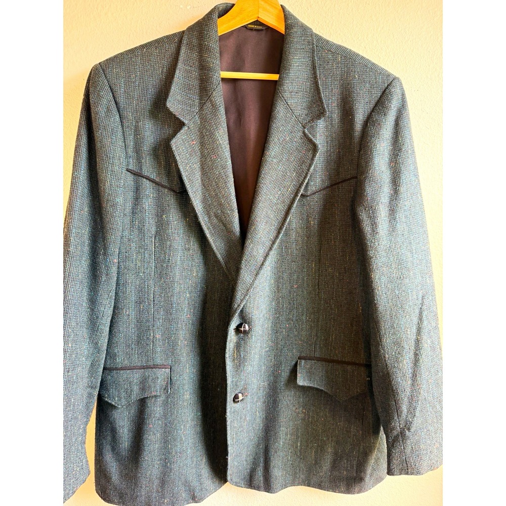 Pioneer Wear Men's 46L Teal Tweed Wool Blazer 2-Button Western Made USA